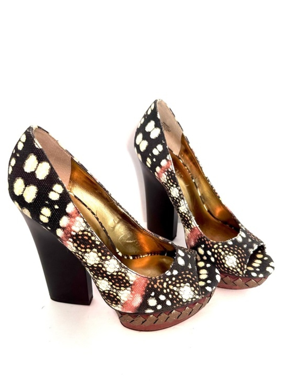 Nine West Black, Cream & Pink Patterned Platform Peep-Toe Pumps Size 7